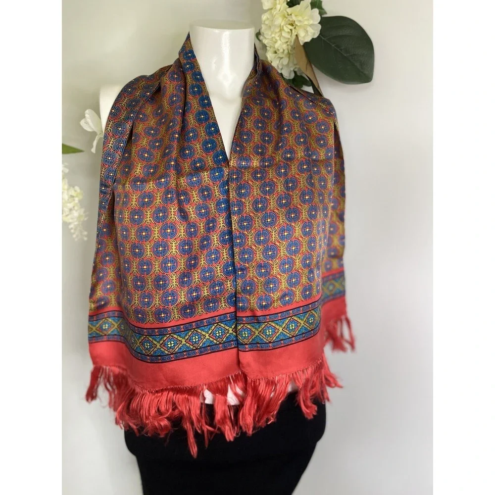 Vintage 100% Silk Rectangular‎ Scarf Japanese Fringe Red Blue Multi 12